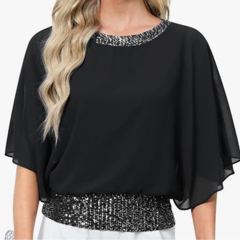 Elegant Black Sequin Trim Women's Top